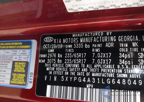 2020 Kia Sorento L/Lx из США, поврежденный, VIN 5XYPG4A31LG648049